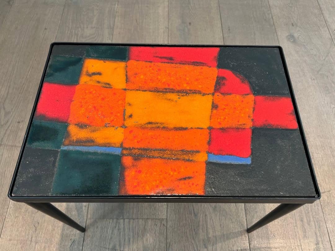 French Mid-Century Hand-Painted Ceramic Tile Side Table - Top View - Styylish