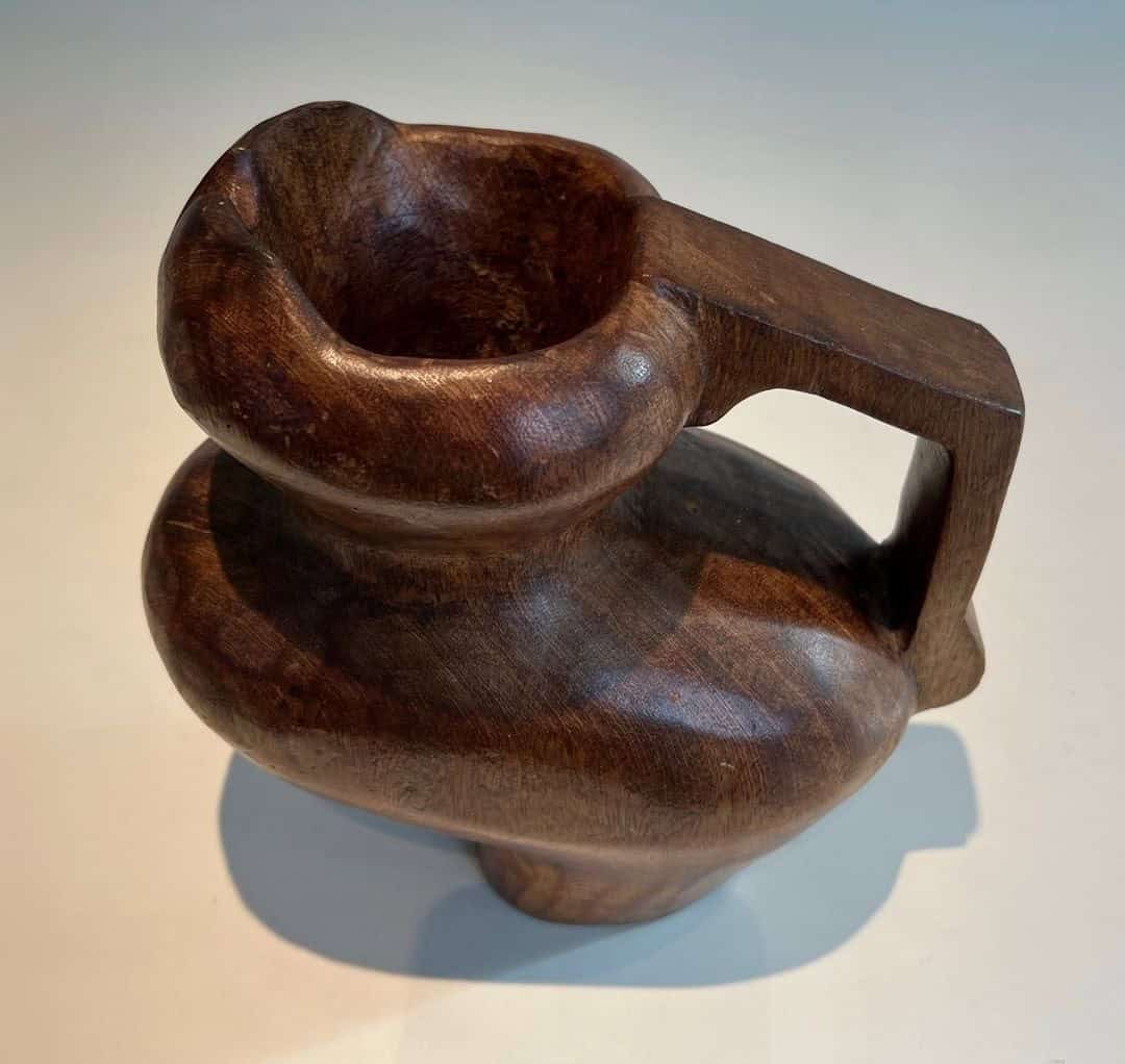 French Post-War Brutalist Carved Wood Pitcher - Top View - Styylish