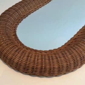 French Mid-Century Oval Rattan Mirror