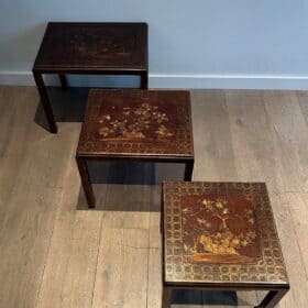 Set of Three Lacquered Nesting Tables with Chinoiserie Decoration, France circa 1940