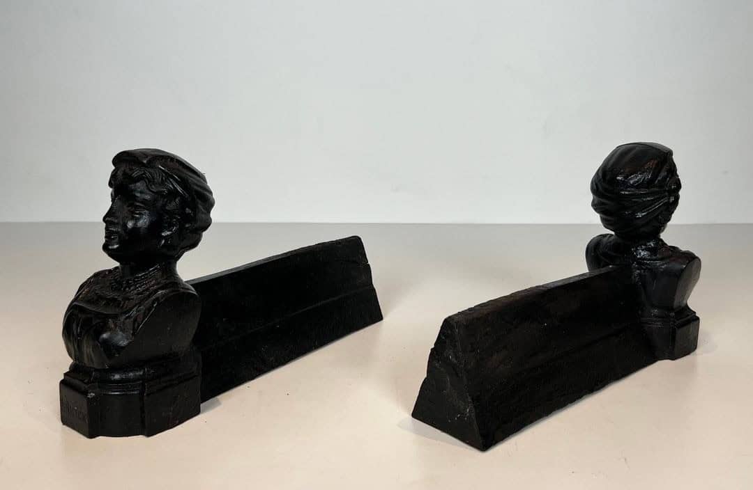 French Figural Cast Iron Andirons - Front and Rear Pair View - Styylish