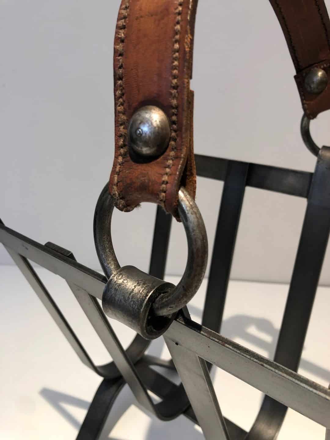 Jacques Adnet Style Leather and Steel Magazine Rack - Image 7