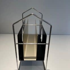 French 1960s Chrome and Black and White Magazine Rack - High Angled View - Styylish