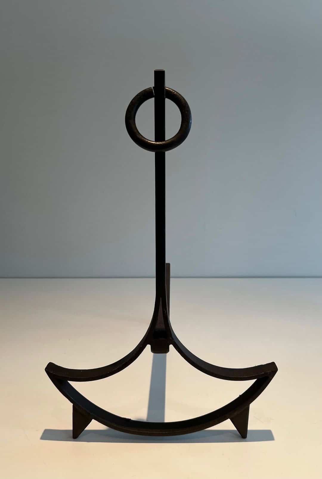 French 1940s Blackened Wrought Iron Andirons - Front View - Styylish