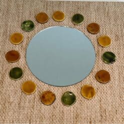 French Mid-Century Raffia and Ceramic Roundel Mirror - Mirror View - Styylish