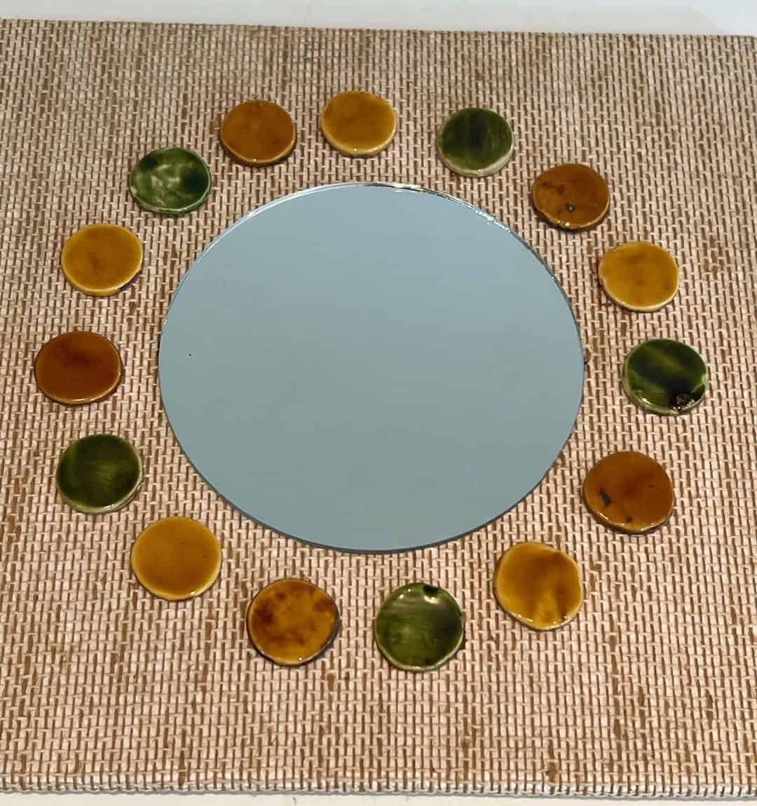 French Mid-Century Raffia and Ceramic Roundel Mirror - Mirror View - Styylish