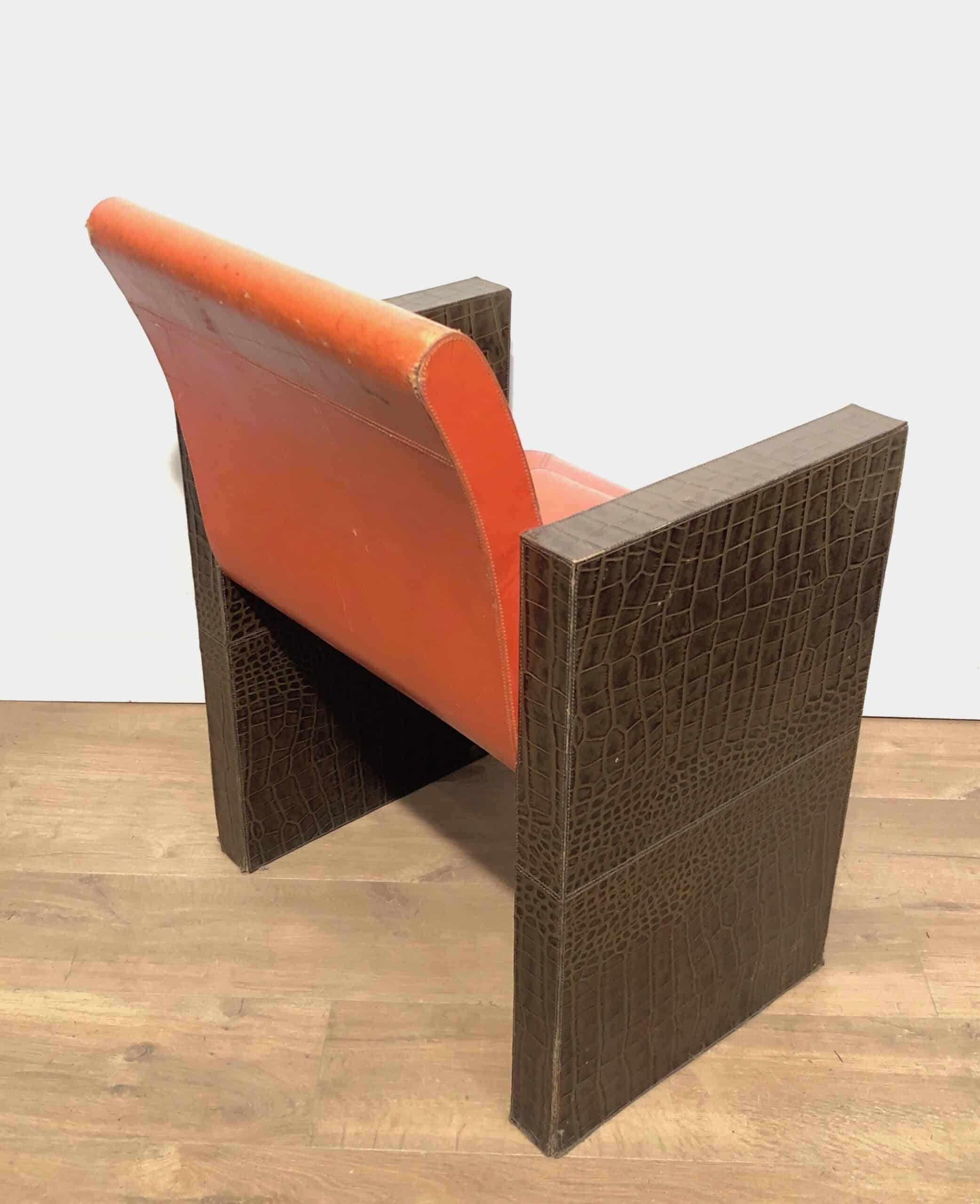 Pair of French 1970s Brown and Orange Leather Armchairs - Single Rear Angled View - Styylish