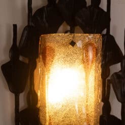Mazzega Brutalist Cast Glass and Wrought Iron Wall Sconces - Illuminated Detail - Styylish