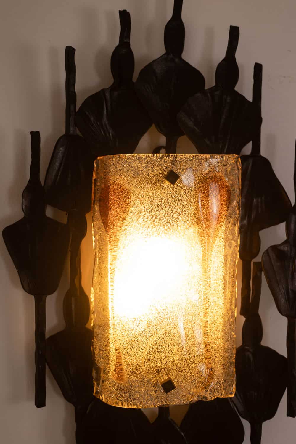 Mazzega Brutalist Cast Glass and Wrought Iron Wall Sconces - Illuminated Detail - Styylish