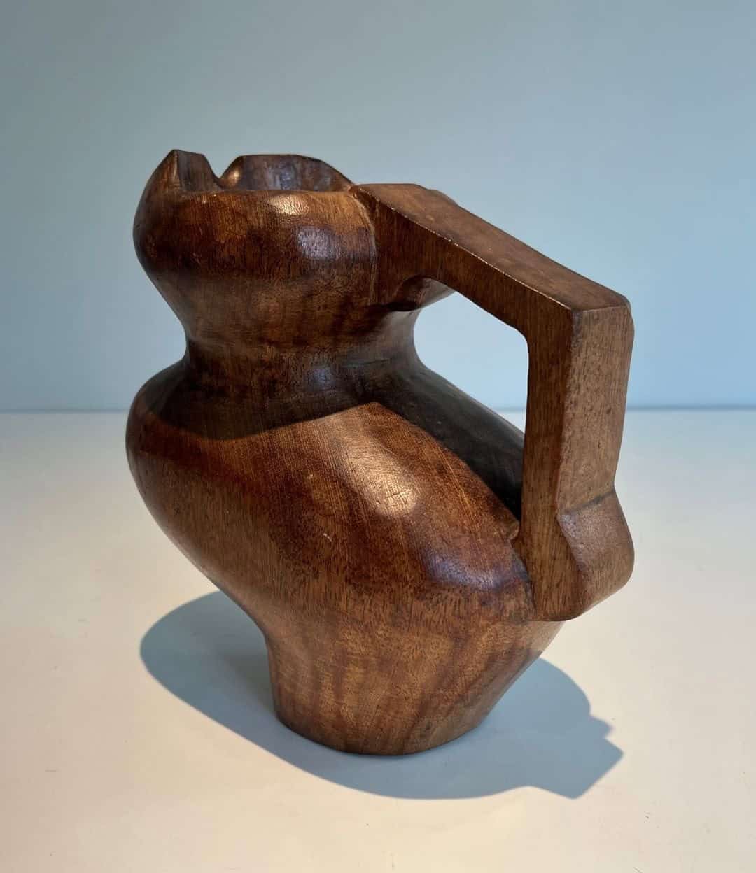 French Post-War Brutalist Carved Wood Pitcher - Handle View - Styylish