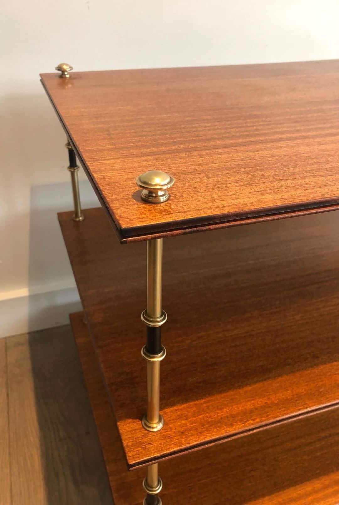 Maison Jansen Mahogany and Brass Three-Tier Side Tables - Corner Detail - Styylish