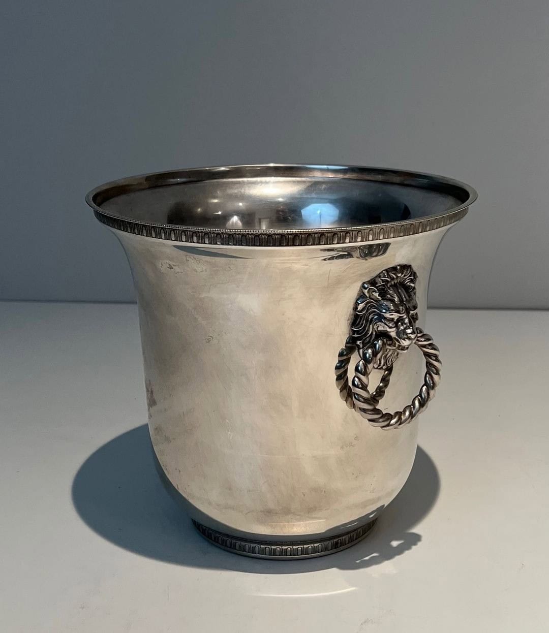 Pair of French Silver-Plated Champagne Buckets with Lion Masks - Angled View - Styylish