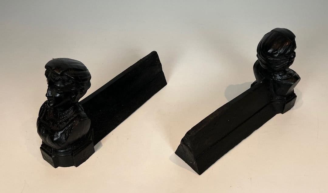 French Figural Cast Iron Andirons - Top Front and Rear Pair View - Styylish