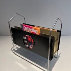 French 1960s Chrome and Black and White Magazine Rack - High Angled View With Magazines - Styylish