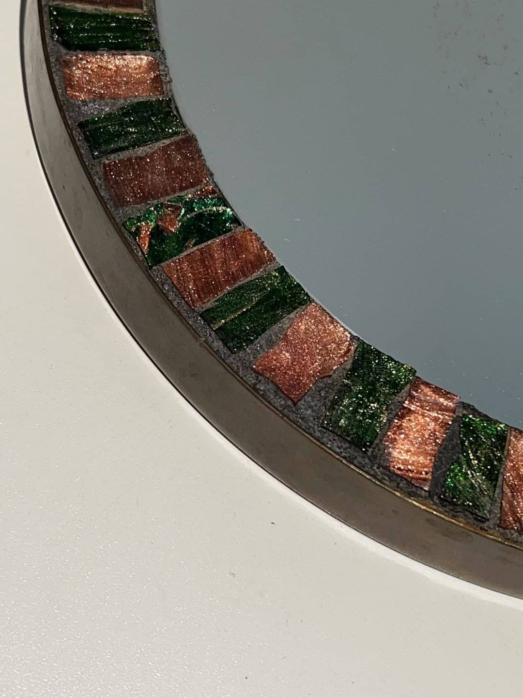 French Mid-Century Ceramic and Brass Round Mirror - Lower Edge Detail - Styylish