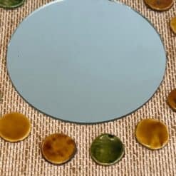 French Mid-Century Raffia and Ceramic Roundel Mirror - Mirror Detail - Styylish
