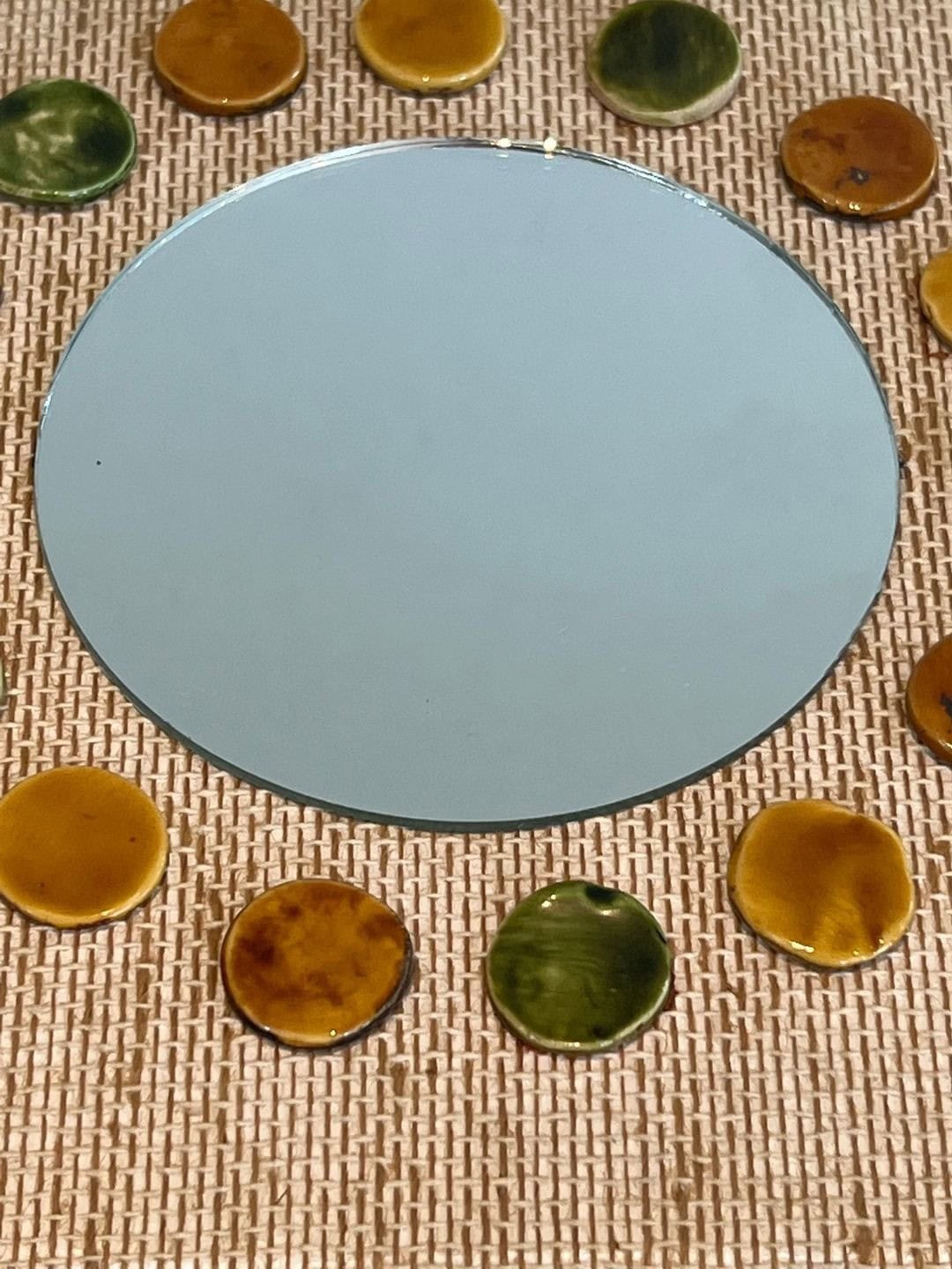 French Mid-Century Raffia and Ceramic Roundel Mirror - Mirror Detail - Styylish