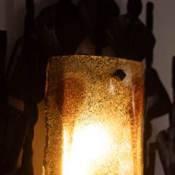 Mazzega Brutalist Cast Glass and Wrought Iron Wall Sconces - Illuminated Front Detail - Styylish