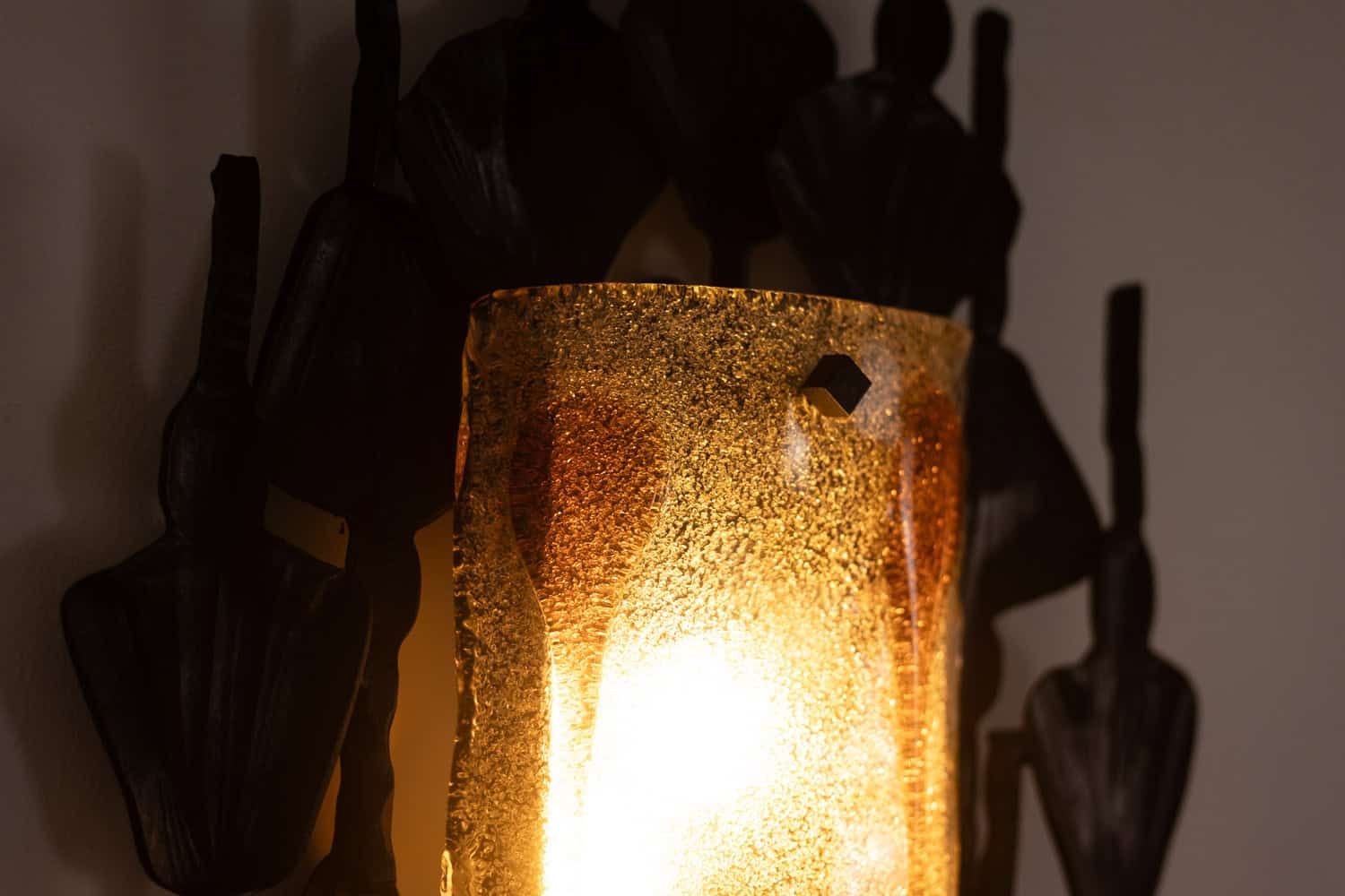Mazzega Brutalist Cast Glass and Wrought Iron Wall Sconces - Illuminated Front Detail - Styylish
