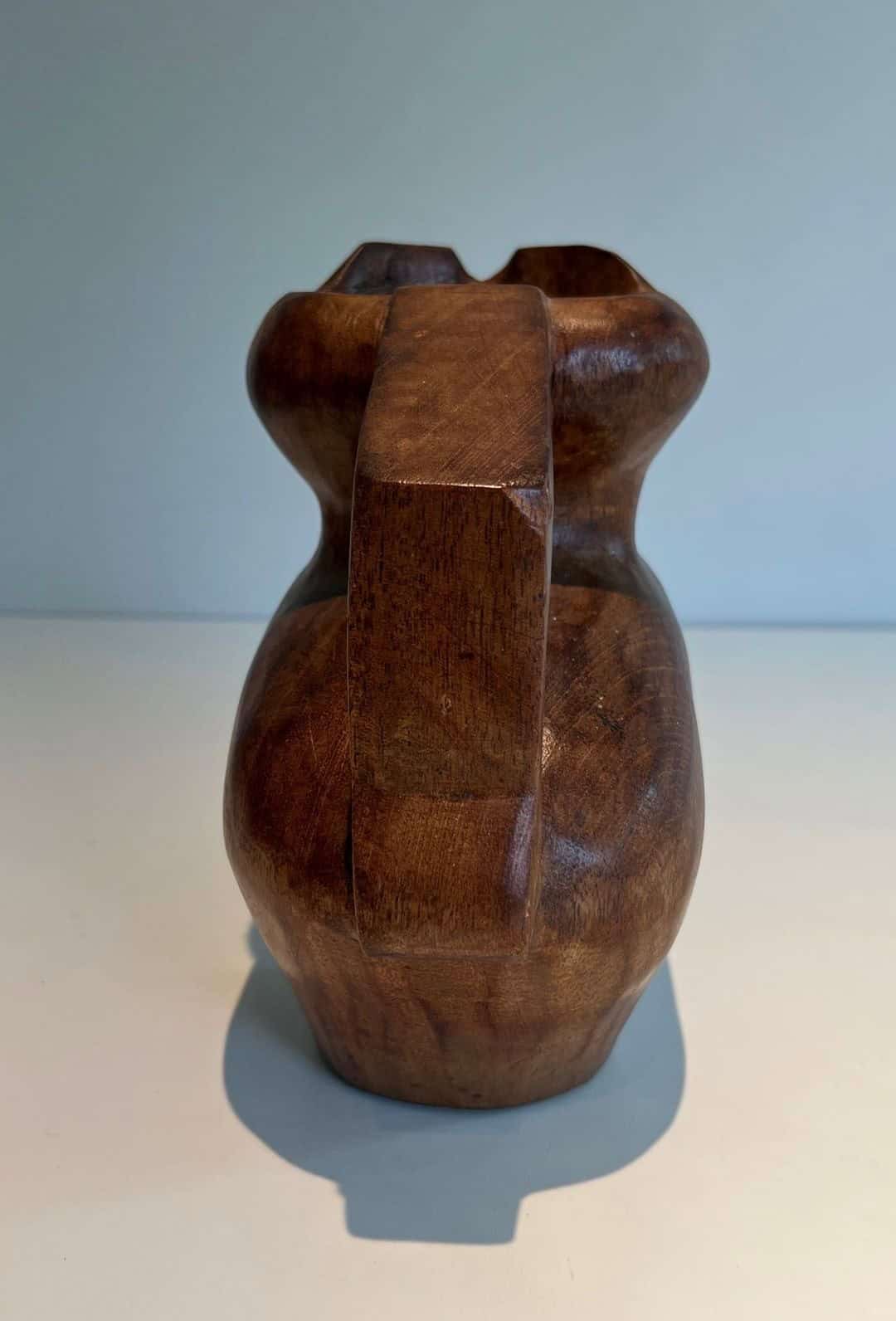 French Post-War Brutalist Carved Wood Pitcher - Rear Handle Detail - Styylish
