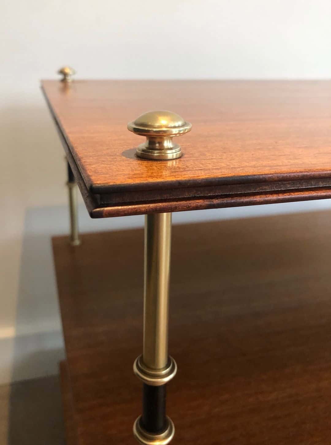 Maison Jansen Mahogany and Brass Three-Tier Side Tables - Knob Detail - Styylish