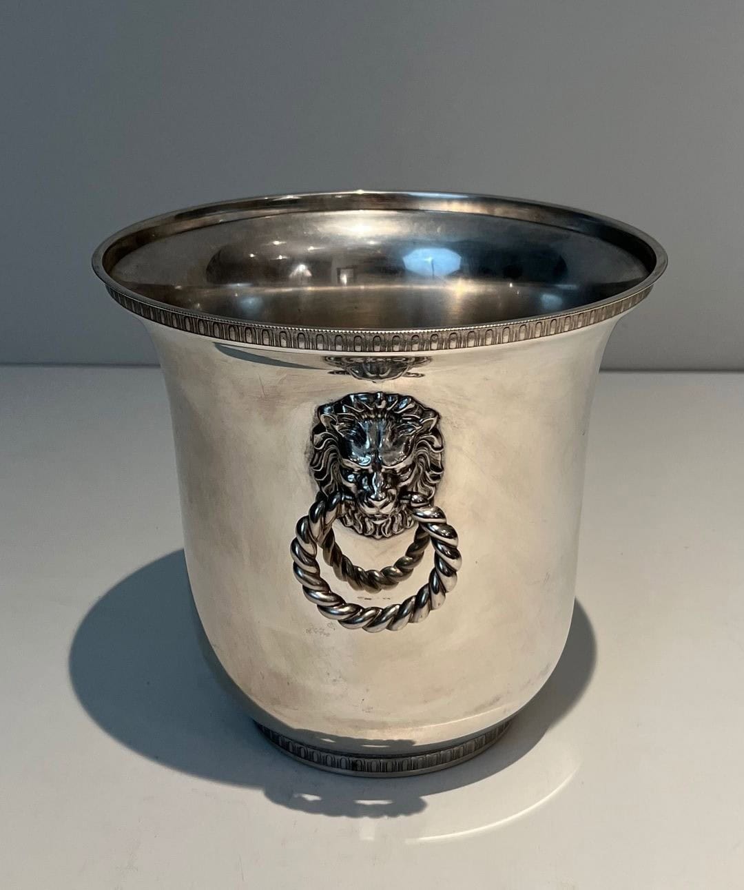 Pair of French Silver-Plated Champagne Buckets with Lion Masks - Front View - Styylish