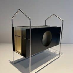 French 1960s Chrome and Black and White Magazine Rack - Low Angled View - Styylish