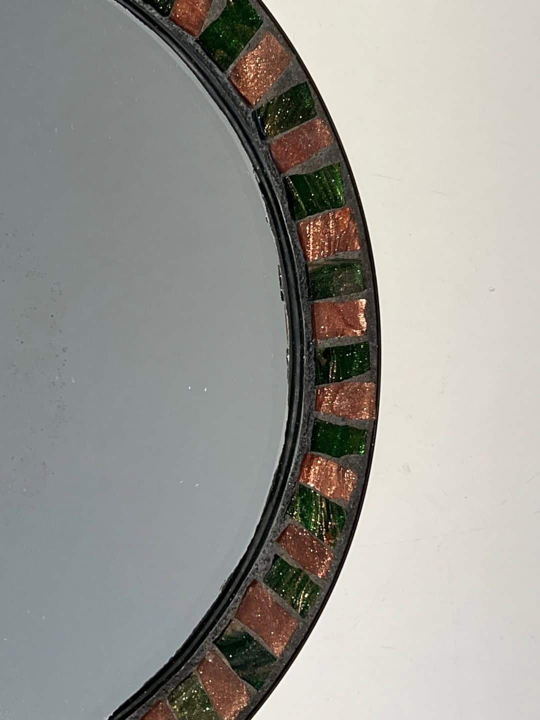 French Mid-Century Ceramic and Brass Round Mirror - Right Edge Detail - Styylish