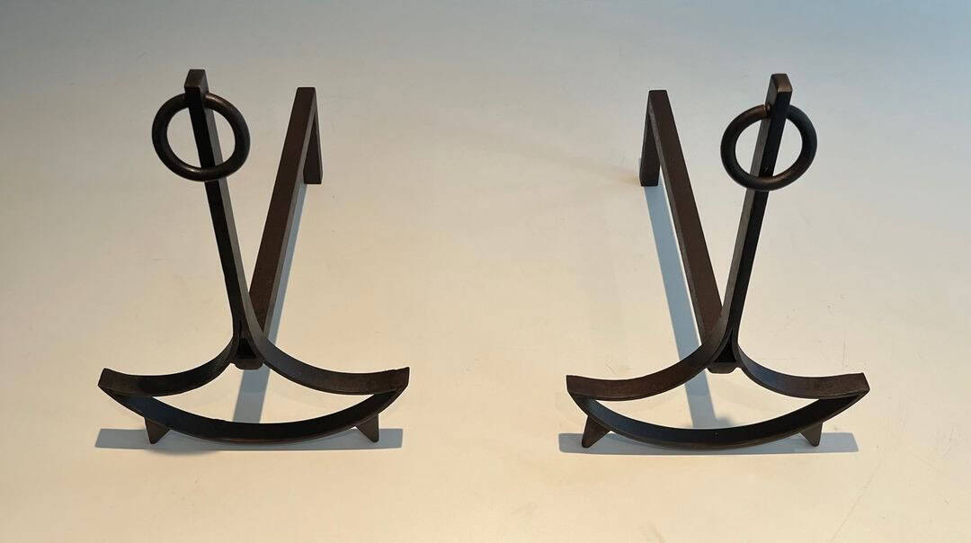 French 1940s Blackened Wrought Iron Andirons - Top Pair View - Styylish