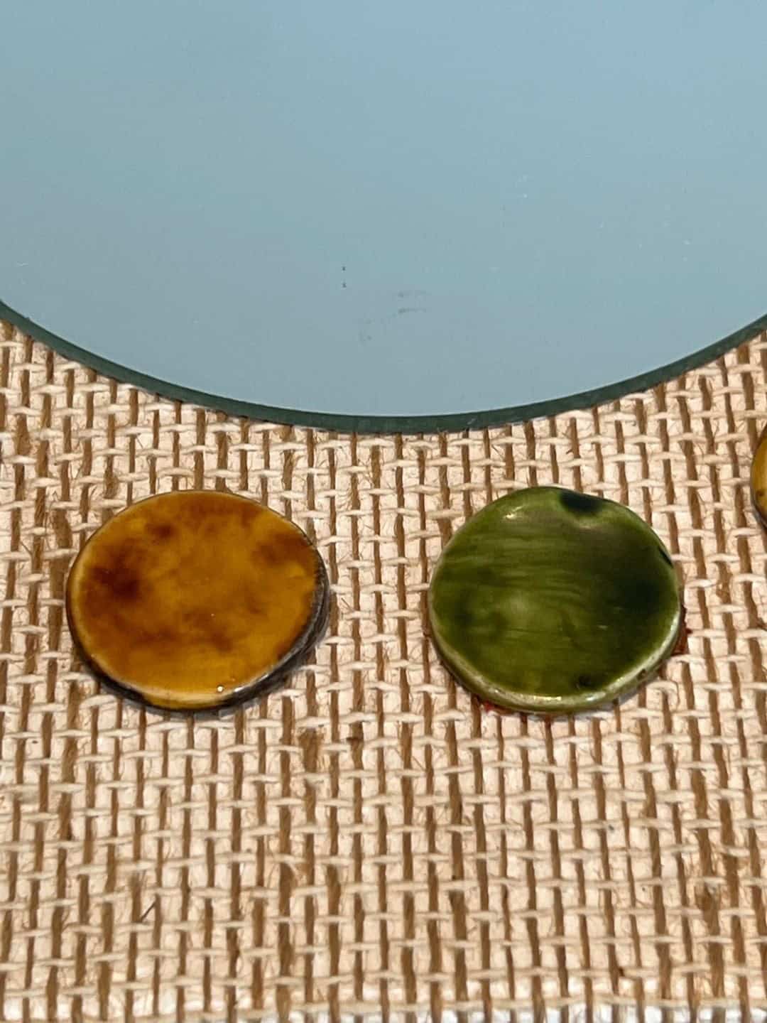 French Mid-Century Raffia and Ceramic Roundel Mirror - Edge Detail - Styylish
