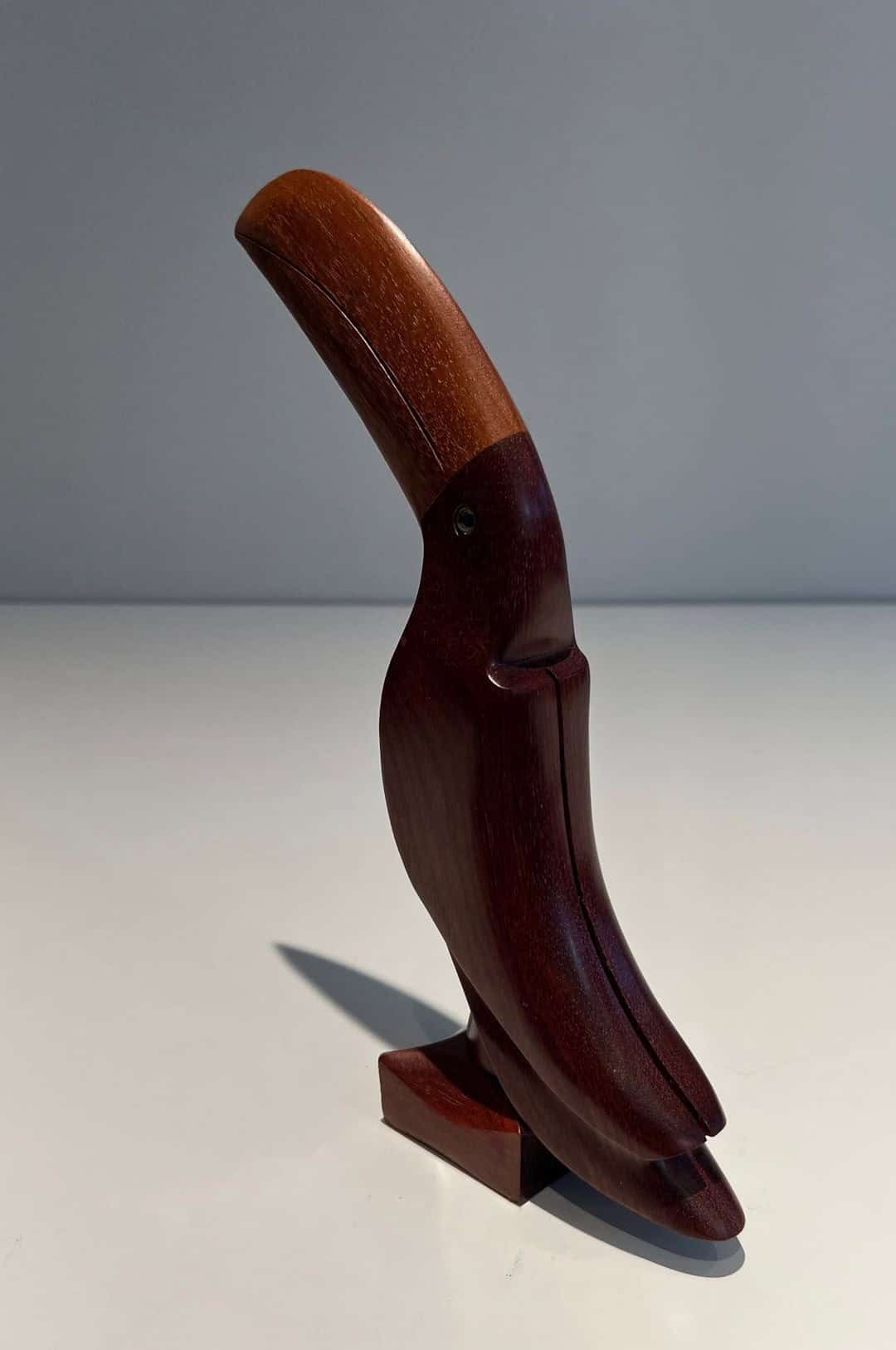 French 1970s Carved Hardwood Toucan Sculpture - Angled Back View - Styylish