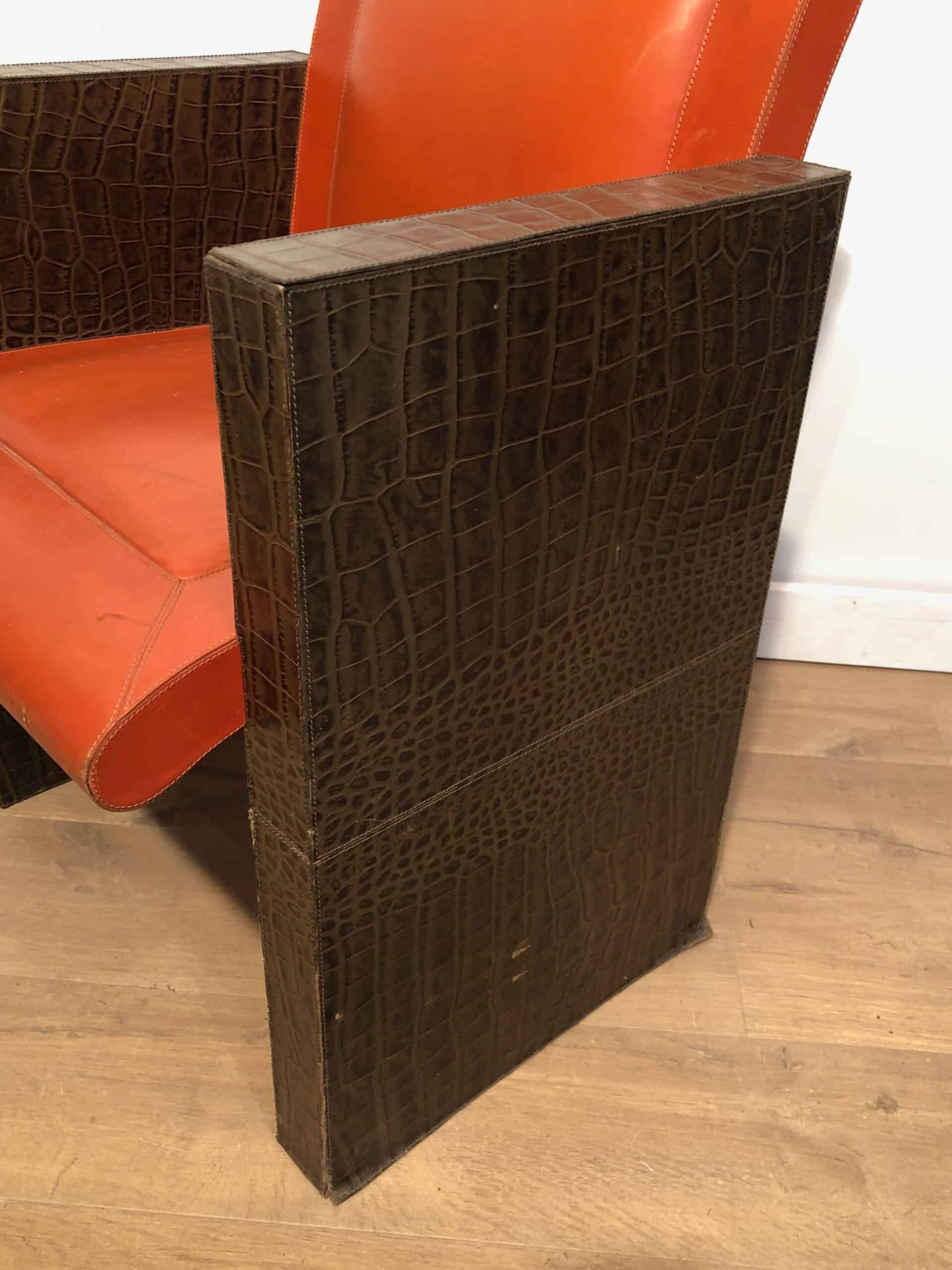 Pair of French 1970s Brown and Orange Leather Armchairs - Side and Base Detail - Styylish