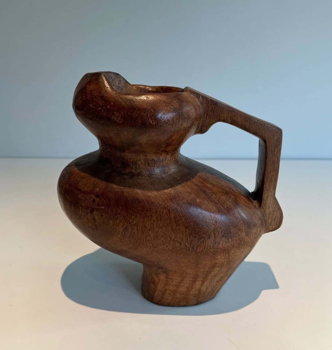 French Post-War Brutalist Carved Wood Pitcher - Side Detail - Styylish