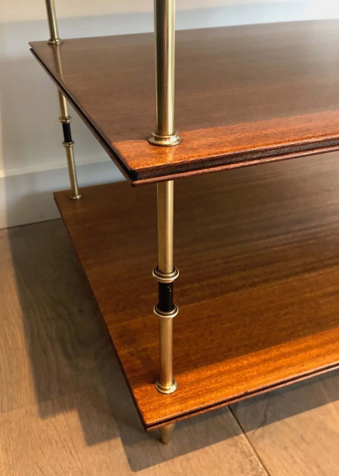Maison Jansen Mahogany and Brass Three-Tier Side Tables - Shelf Detail - Styylish