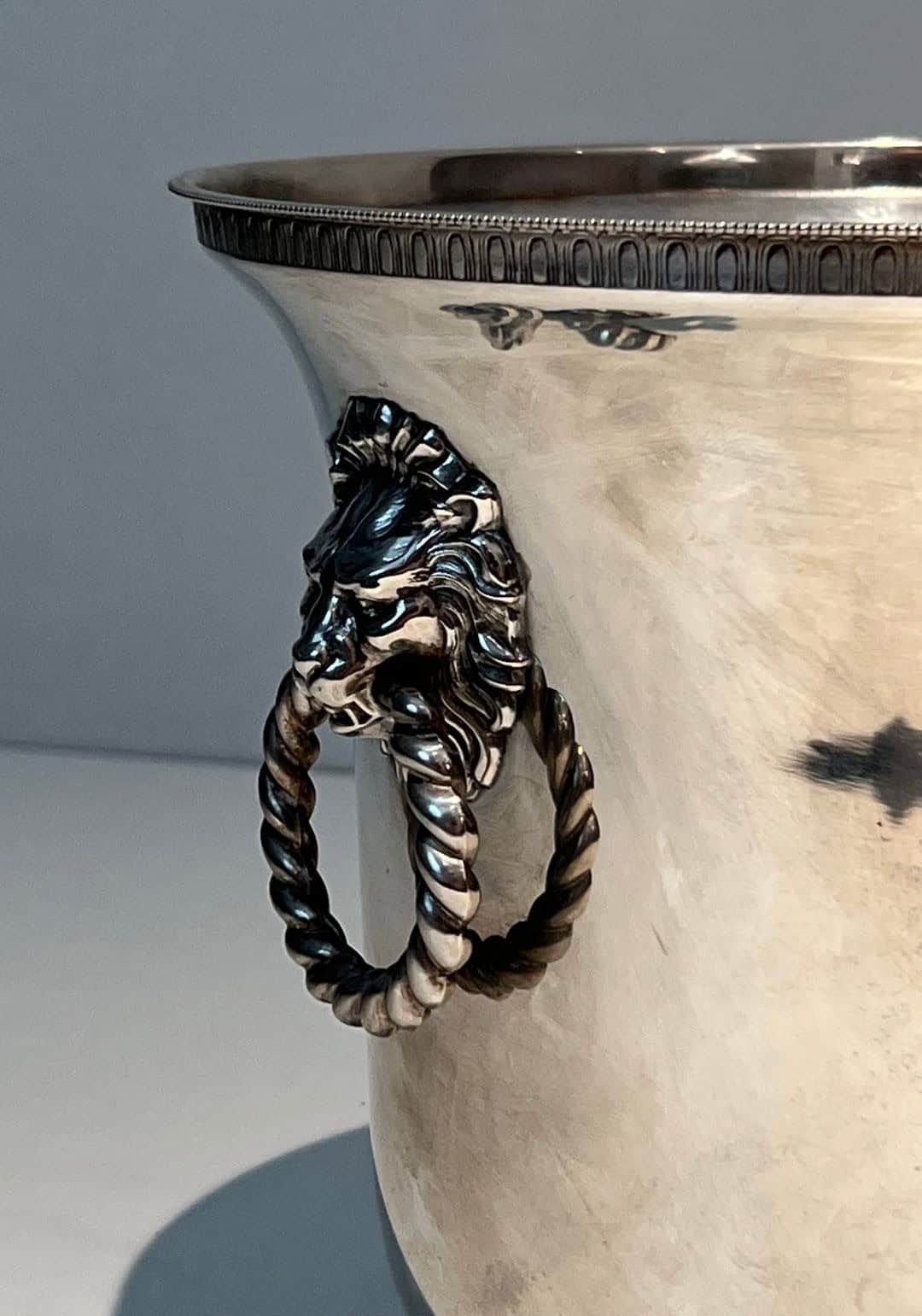 Pair of French Silver-Plated Champagne Buckets with Lion Masks - Lion Detail - Styylish