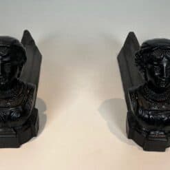 French Figural Cast Iron Andirons - Front Top Pair View - Styylish