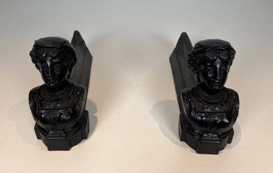 French Figural Cast Iron Andirons - Front Top Pair View - Styylish