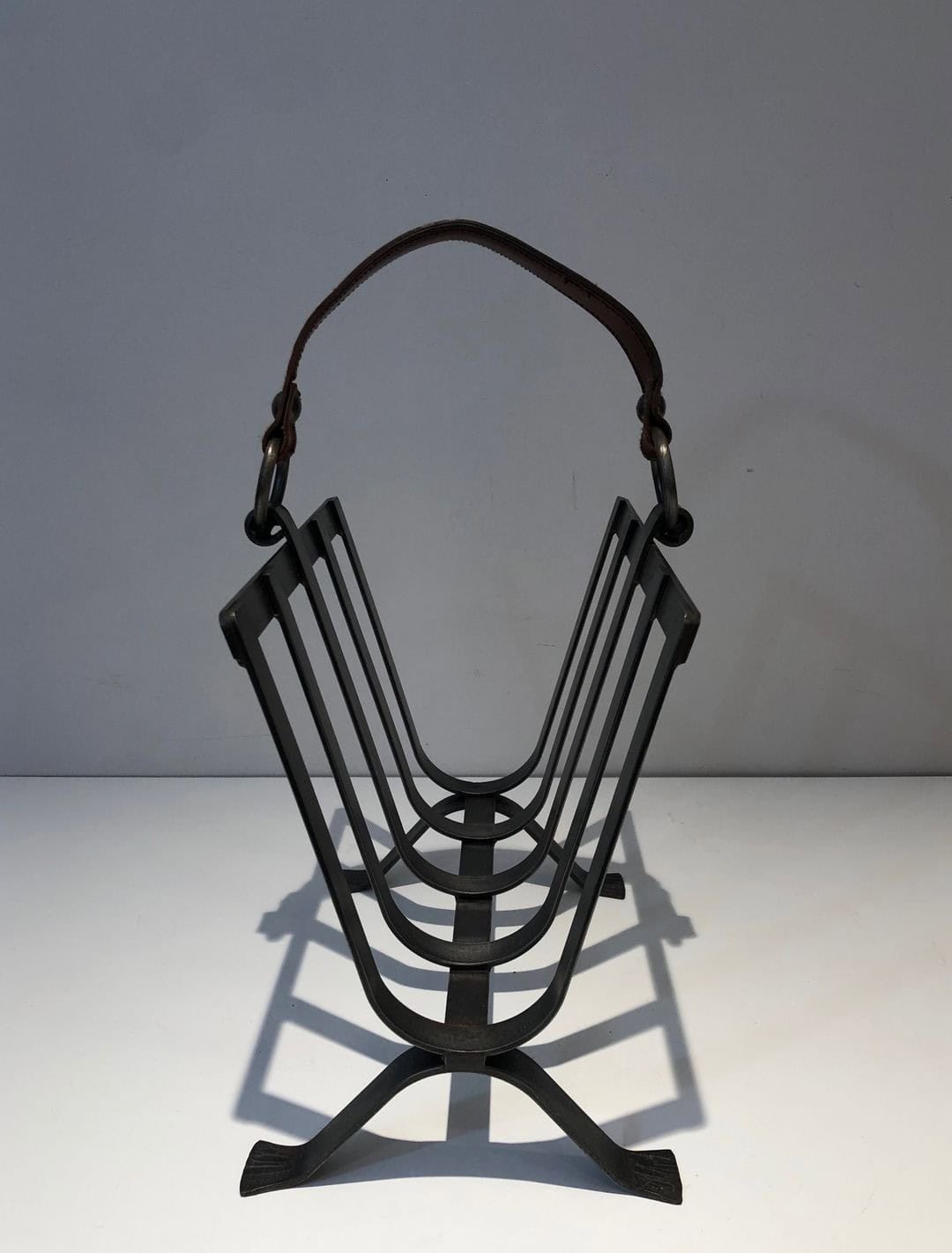 Jacques Adnet Style Leather and Steel Magazine Rack - Image 10