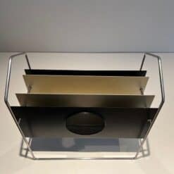 French 1960s Chrome and Black and White Magazine Rack - Top Angled View - Styylish