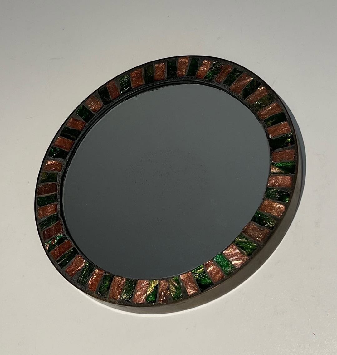French Mid-Century Ceramic and Brass Round Mirror - Distant View - Styylish