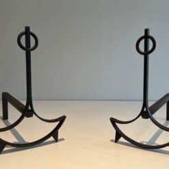French 1940s Blackened Wrought Iron Andirons - Angled Pair View - Styylish