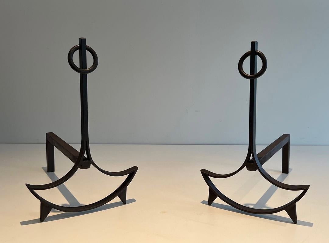 French 1940s Blackened Wrought Iron Andirons - Angled Pair View - Styylish