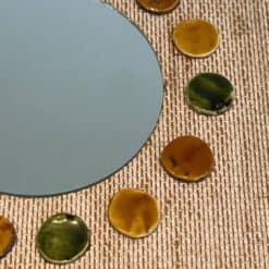 French Mid-Century Raffia and Ceramic Roundel Mirror - Roundel Detail Two - Styylish