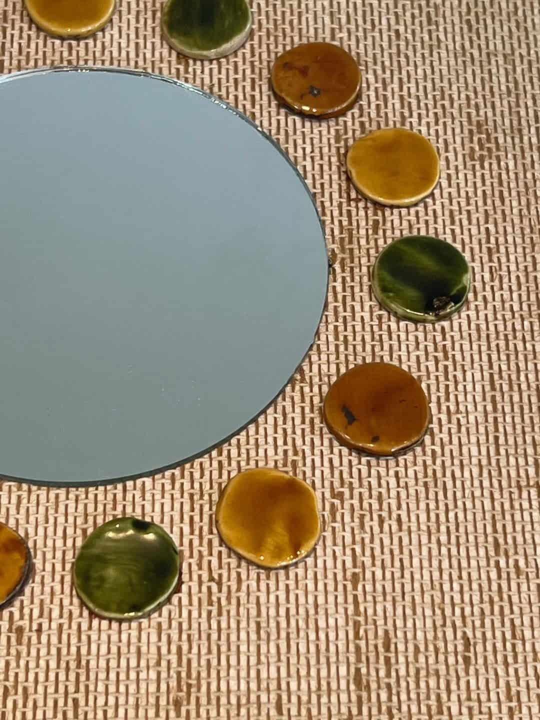 French Mid-Century Raffia and Ceramic Roundel Mirror - Roundel Detail Two - Styylish