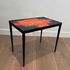 French Mid-Century Hand-Painted Ceramic Tile Side Table - Wide Angled View - Styylish