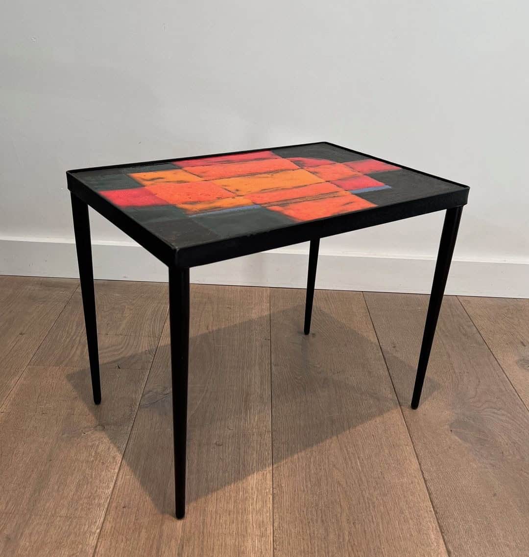 French Mid-Century Hand-Painted Ceramic Tile Side Table - Wide Angled View - Styylish