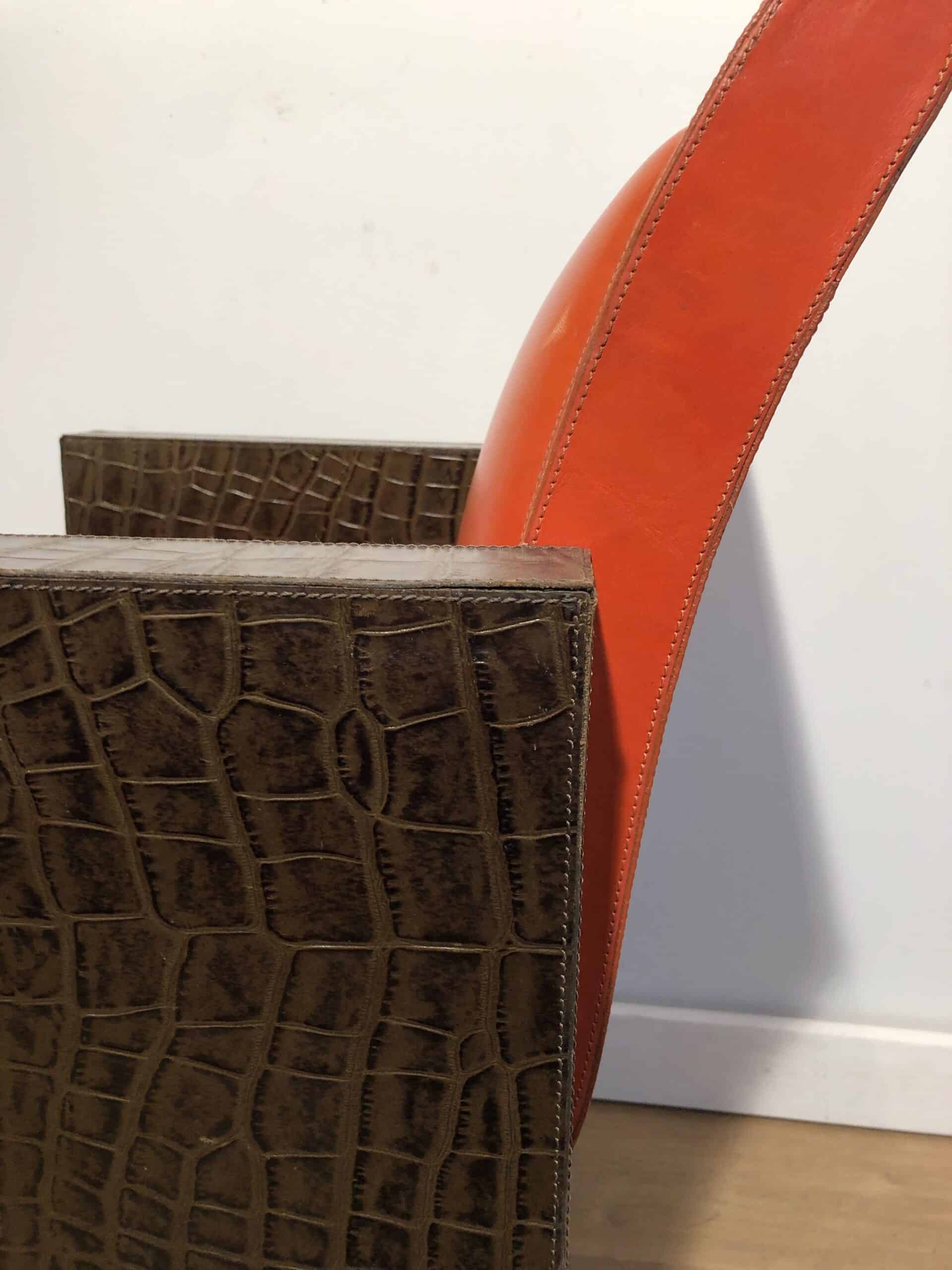 Pair of French 1970s Brown and Orange Leather Armchairs - Side Detail - Styylish