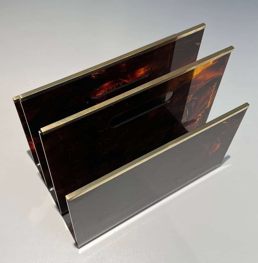French 1970s Faux Tortoiseshell Plexiglass and Brass Magazine Rack - Image 10