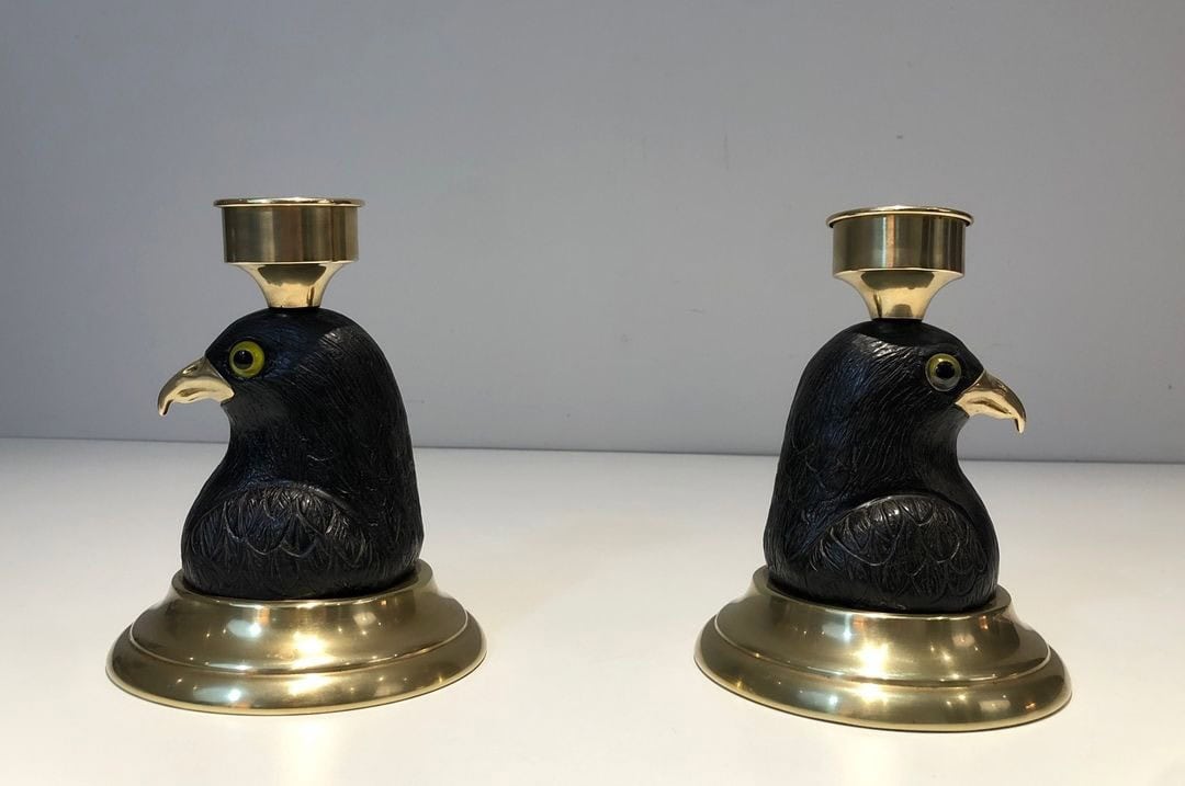 Pair of Signed French Carved Wood Eagle Candlesticks - Side Pair View - Styylish