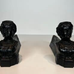 French Figural Cast Iron Andirons - Front Pair View - Styylish